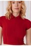 Women's Red Color Polo Neck Half Zip Crop T-Shirt - 5