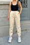 Beige High Waist Women's Sweatpants with Elastic Waistband Inside - 4