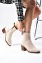Amory Beige Color Zippered, Thin Faux Fur Lined Thick Heeled Women's Boots - 4