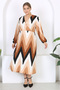 Women's Coffee Zigzag Pattern Balloon Sleeve Double Breasted Collar Wrap Maxi Length Dress