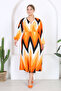 Women's Orange Zigzag Pattern Balloon Sleeve Double Breasted Collar Wrap Maxi Length Dress - 3