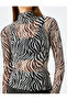 Slim Fit Long Sleeve Stand Collar Zebra Pattern Tulle Transparent T-Shirt - 5