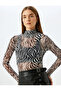 Slim Fit Long Sleeve Stand Collar Zebra Pattern Tulle Transparent T-Shirt