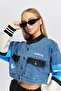 Women's Oversize Denim Jacket with Leather Trim on Sleeves, Buttoned Biker Coat, Printed Racer College Jacket - 3