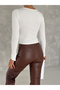 Women's White Asymmetrical Collar Asymmetrical Cut Gathered Diver Fabric Blouse - 3