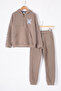 Brown Zippered Collar Hooded Boy's Hooded Tracksuit Set 19617