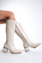 Women's Below the Knee Cream Heeled Shiny Detailed Zippered Leather Look Long Boots - 3