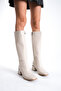 Women's Below the Knee Cream Heeled Shiny Detailed Zippered Leather Look Long Boots - 5