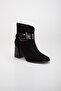Suede Metal Belted Black Women's Heeled Boots - 4