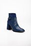 Suede and Crocodile Leather Small Belted Navy Blue Women's Thick Heeled Boots - 4