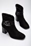 Suede Metal Belted Black Women's Heeled Boots