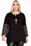 Tassel and Bead Lace Detail Round Boat Neck Long Flounce Ruched Sleeve Flowy Plus Size Blouse - 5