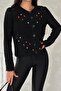 Women's Black Standard Size Buttoned Openwork Embroidered Knitwear Cardigan - 3