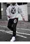 Men's Lion Printed Bottom Top Black Gray Hooded Tracksuit Set Oversize Boyfirend