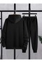 Men's Lion Printed Top and Bottom Black Gray Hooded Tracksuit Set Oversize Boyfirend - 4