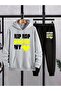 Men's Hip Hop Printed Bottom Top Black Gray Hooded Tracksuit Set Oversize Boyfirend - 2