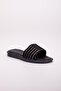 Black Women's Slippers - Knitted and Stone Detailed, Flat Sole - 4