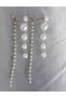 Long Stylish Engagement Henna Wedding Evening Dress Earrings with Gold-Colored Stones and Pearl Dangles - 5