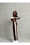 Women's Chic Striped Detail Brown Sweater Palazzo Pants Bottom and Top Two-Piece Knit Set - 8