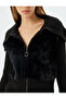 Faux Fur Cardigan Stand Collar Zippered Ribbed Slim Fit - 5