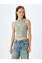 Halter Collar Ribbed Crop Tank Top with Metallic Print Detail - 3