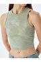 Halter Collar Ribbed Crop Tank Top with Metallic Print Detail - 5