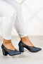 Mirabella Navy Blue Satin Mesh Pointed Toe Thick Heeled Evening Dress Mother Shoes - 2