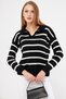 Women's Black Striped Polo Neck Knitwear Sweater Arm-22Y012006 - 4