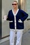 Navy Blue Garnished Stripe Detailed Pocket Gold Buttoned Women's Knitwear Cardigan