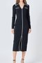 Women's Black V-Neck Long Sleeve White Stripe Detailed Slit Knee-Length Classic Dress - 3