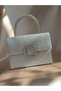 Women's Silver Silvery Stone Buckle Detailed Portfolio Stone Handle Evening Dress Bag - 4