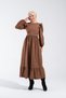 2254_Women's Nubuck Burning Pattern Shoulder Ruffle and Belt Buckle Detail Crew Neck Long Flared Dress - 3