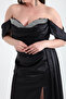 Women's Black Tight Fit Boat Neck Slit Long Plus Size Satin Evening Dress - 4
