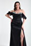 Women's Black Tight Fit Boat Neck Slit Long Plus Size Satin Evening Dress - 3