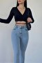 Ns-68210 90's Women's High Waist Light Blue Stretch Fabric Front Slit Denim Trousers Jeans - 2