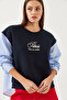 Women's Navy Blue Crew Neck Shirt with Sleeve Garnish, 3 Thread Embroidered Sweatshirt 60351001 - 3