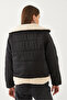 Women's Black Double-Breasted Collar Plush Detailed Puffer Coat 2401 60351018 - 5