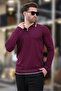 Purple Zippered Polo Collar Stripe Detailed Long Sleeve Sweater 7267