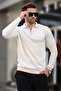 White Zippered Polo Collar Stripe Detailed Long Sleeve Sweater 7267