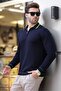 Navy Blue Zippered Polo Collar Stripe Detailed Long Sleeve Sweater 7267 - 2