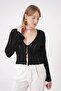 Women's V-Neck Openwork Patterned Knitwear Cardigan with Tie Front Standard Fit Black 25W3008 - 3