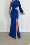 Cobalt Blue Low-Cut Waist Imported Crepe Fabric Single Sleeve Evening Dress - 2