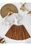 Girl's Suede Skirt and Tulle Short Sleeve Set - My Little Flowers Style, Brown