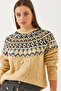 Women's Camel Crew Neck Patterned Jacquard Knitwear Sweater 20246854
