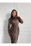 Women's Leopard Stand Collar Long Sleeve Maxi Length Dress - 6