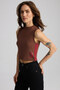 Yeslin Women's Contrast Stripe Printed 100% Organic Cotton Crop Sleeveless Brown T-Shirt - 3