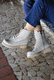 (Kia) Genuine Leather Lace Detailed Zippered Rubber Sole Real Leather Boots Ecru Flotter - 3
