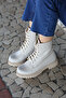 (Kia) Genuine Leather Lace Detailed Zippered Rubber Sole Real Leather Boots Ecru Flotter