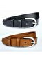 طقم حزامين جلد طبيعي بإبزيم مطلي بالقصدير، باللونين الأسود والجملي - 4