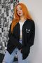 X X Face Cardigan - Black Printed Winter Oversize Hooded Zipper Pocket Detailed Cardigan